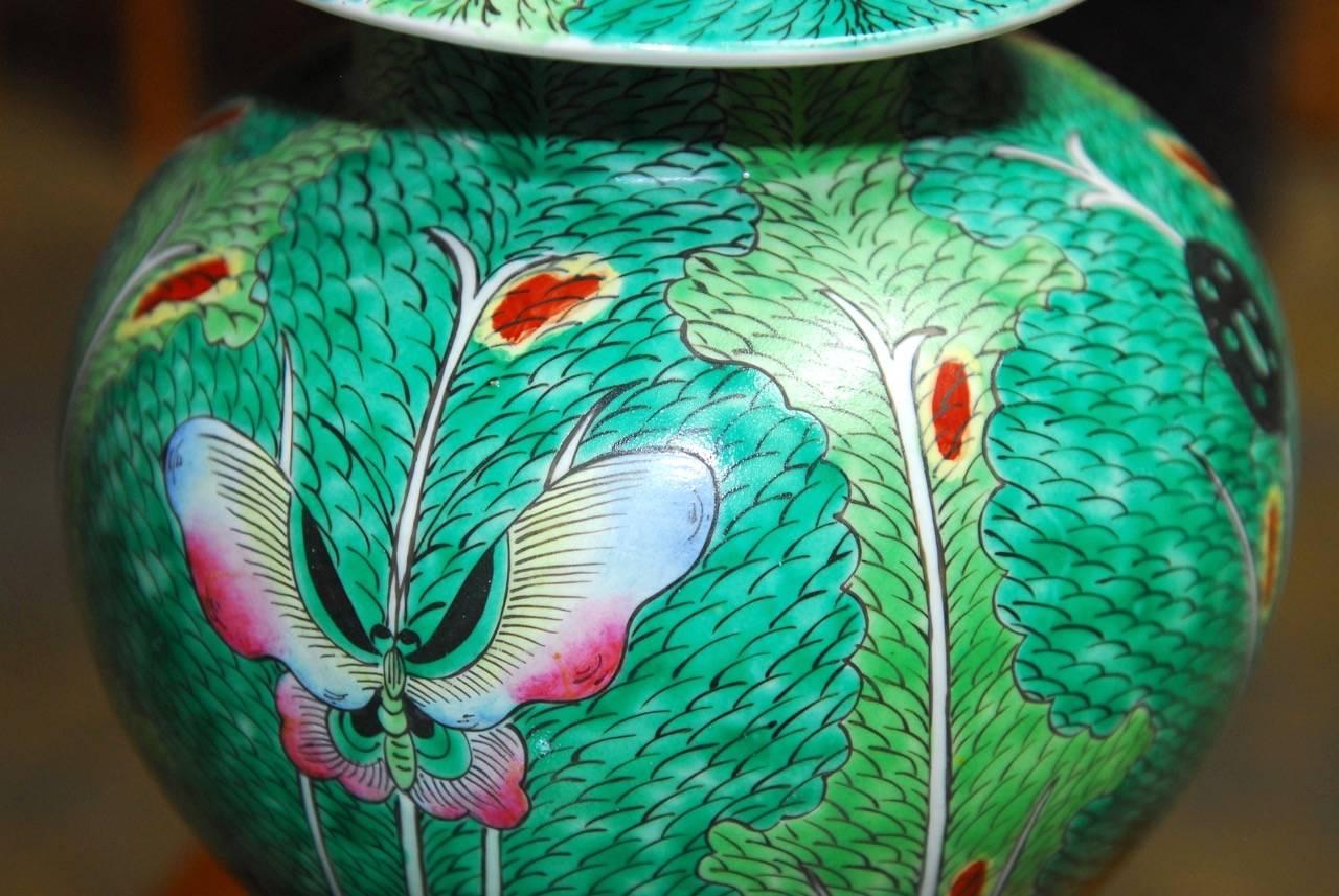 Pair of Chinese Qing Cabbage Leaf and Butterfly Ginger Jars 1