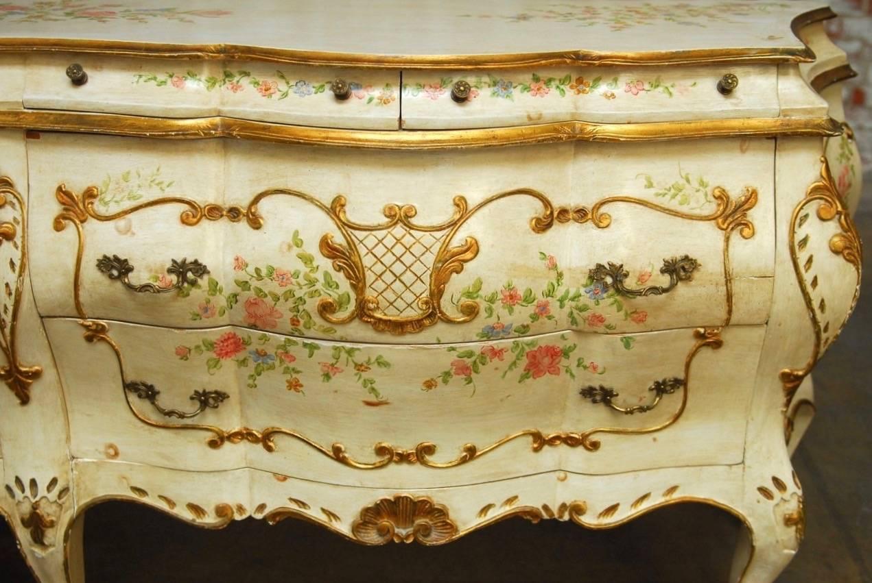 Rococo Monumental Venetian Painted and Parcel Gilt Bombe Chest