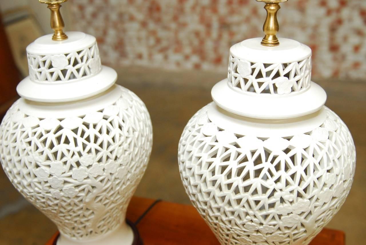 Brass Pair of Blanc de Chine Porcelain Ginger Jar Table Lamps