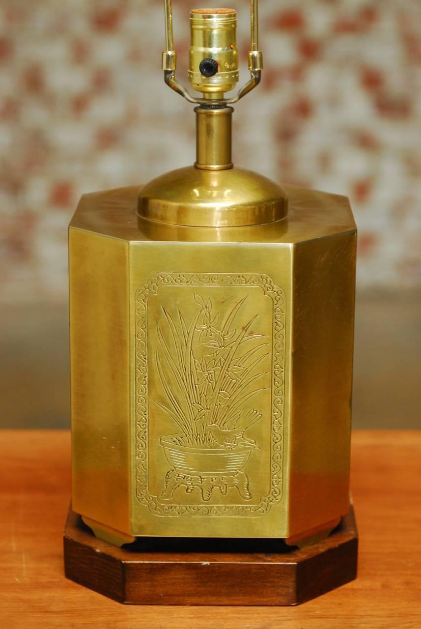 Hollywood Regency Chinese Incised Brass Tea Canister Table Lamp