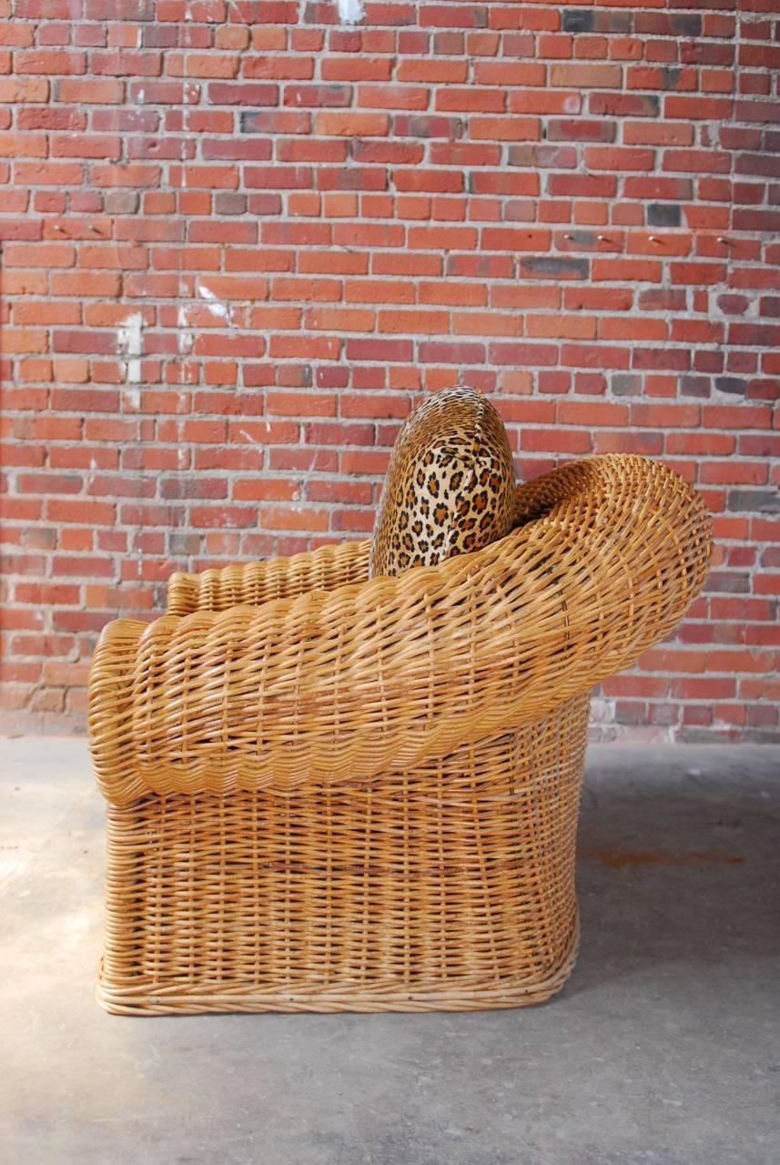20th Century Michael Taylor Inspired Wicker Armchair with Scalamandre Style