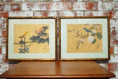 Pair of Chinoiserie Style Faux Bamboo Bird Paintings on Silk