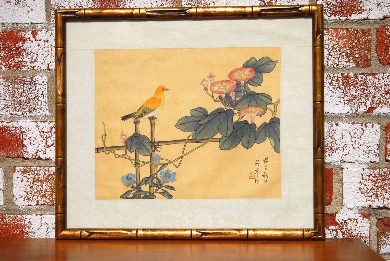 Chinese Pair of Chinoiserie Style Faux Bamboo Bird Paintings on Silk