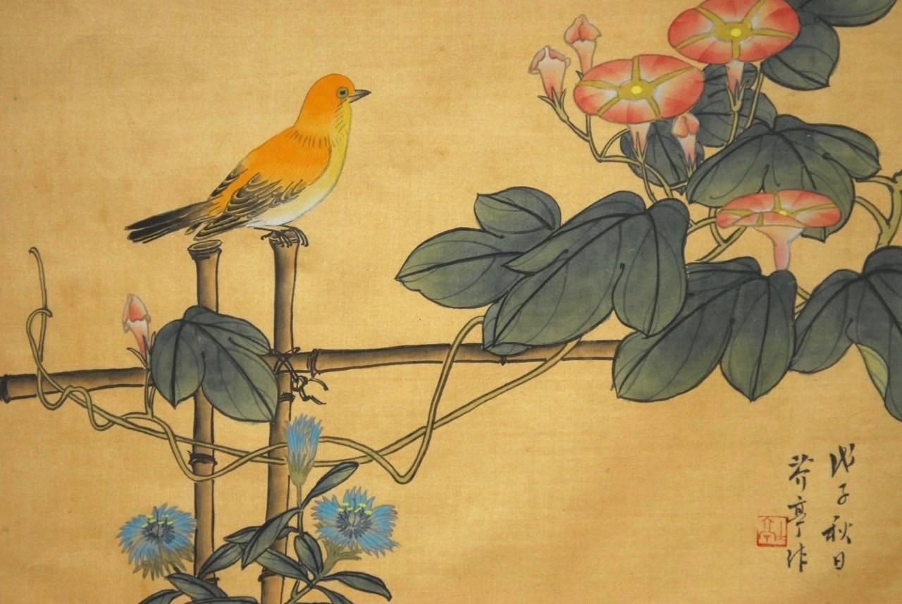 Hand-Painted Pair of Chinoiserie Style Faux Bamboo Bird Paintings on Silk