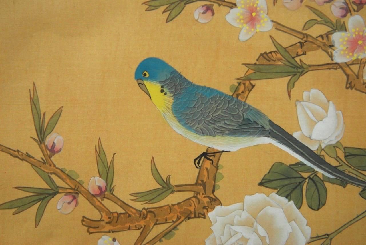20th Century Pair of Chinoiserie Style Faux Bamboo Bird Paintings on Silk