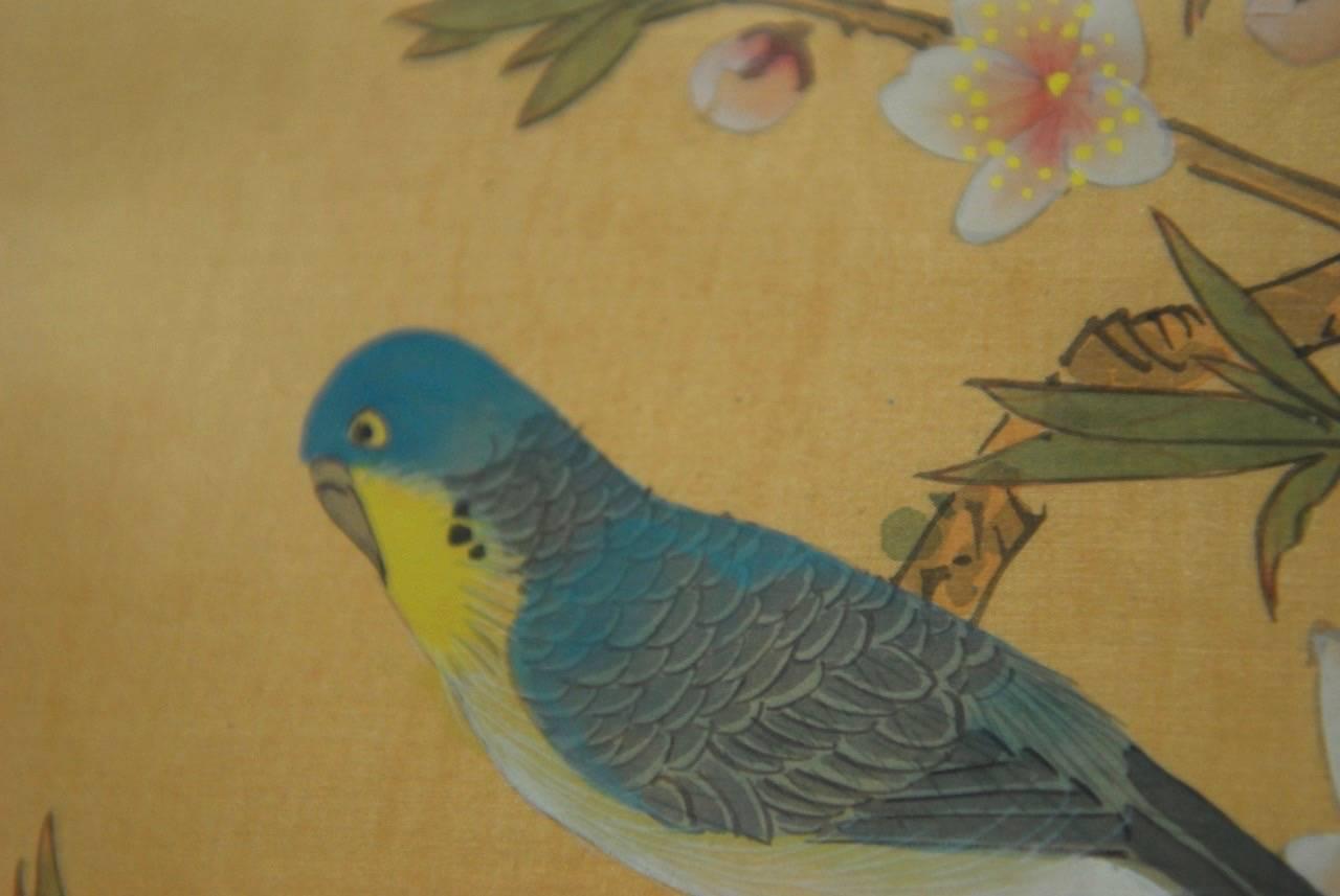 Pair of Chinoiserie Style Faux Bamboo Bird Paintings on Silk 1