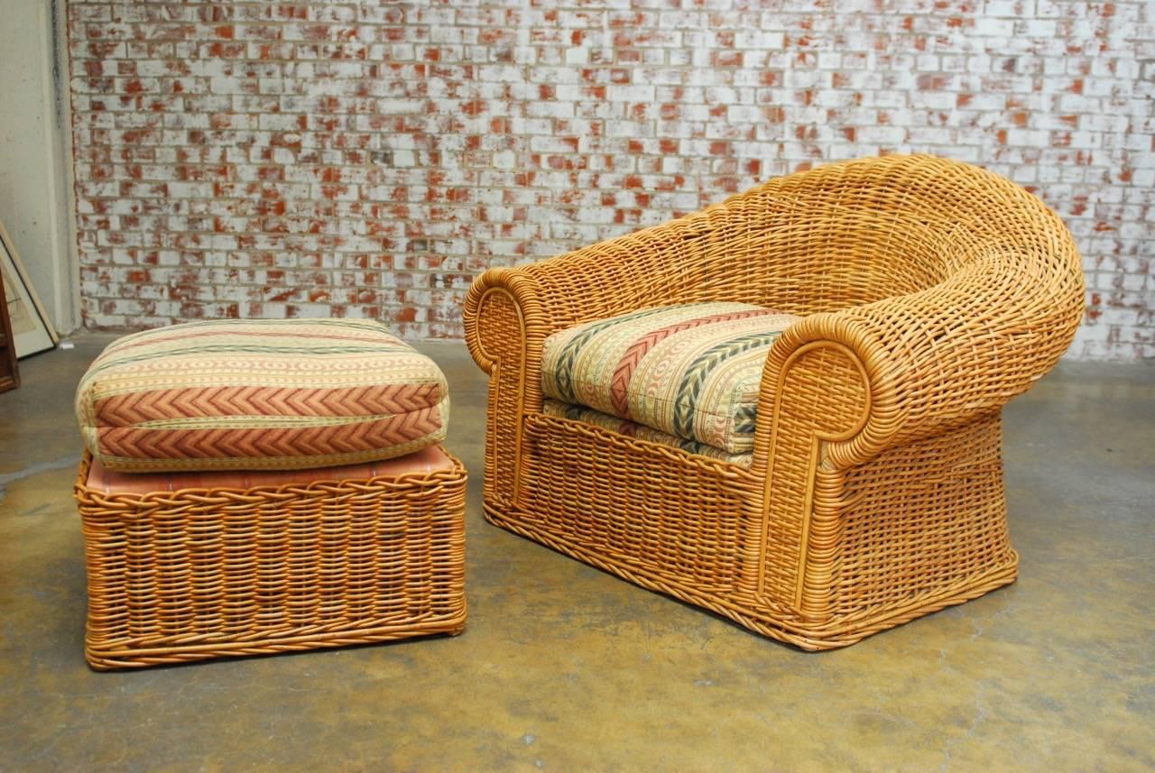 Generous Michael Taylor inspired wicker lounge chair and ottoman custom-made by 