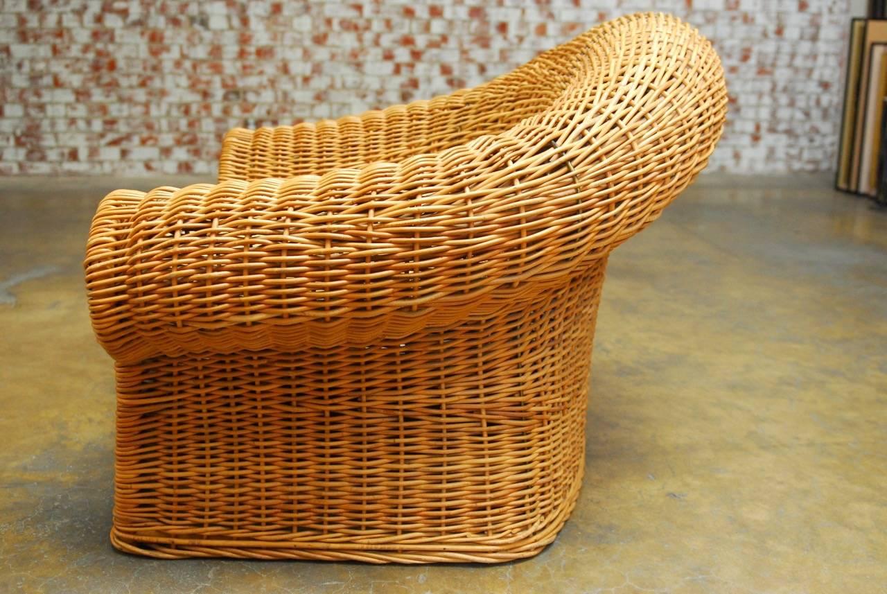 20th Century Michael Taylor Inspired Wicker Lounge Chair and Ottoman