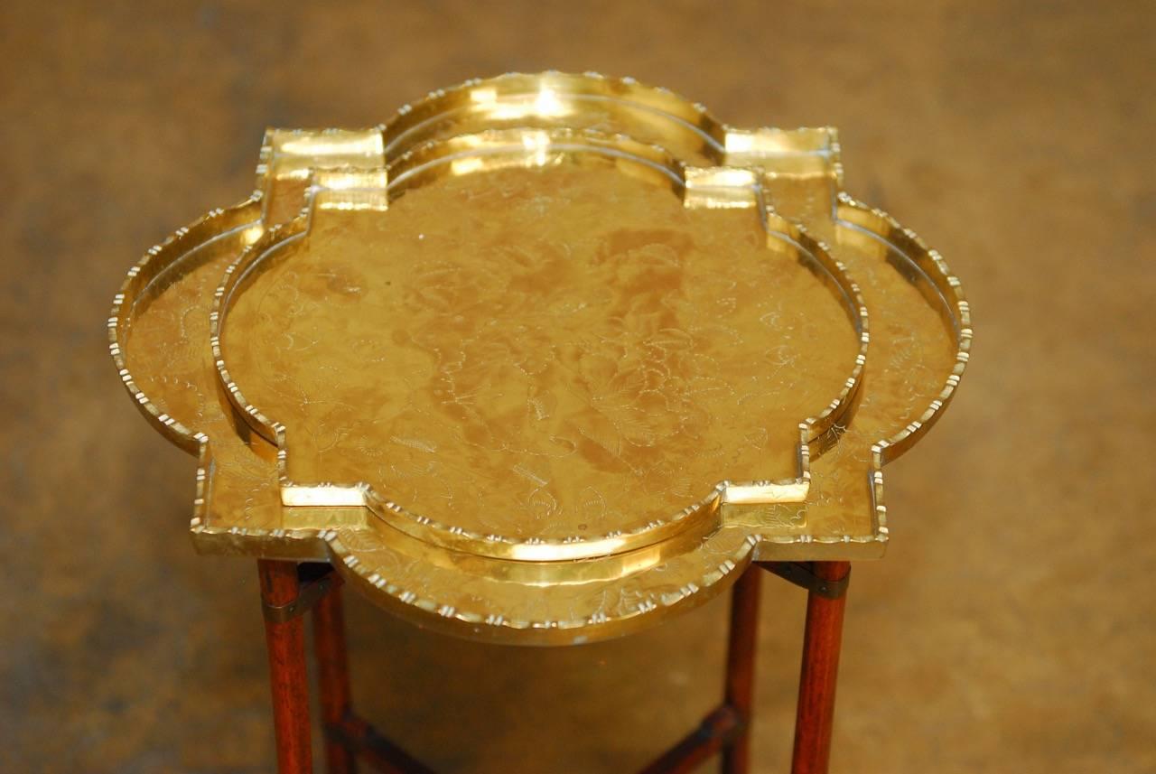 Mid-Century Modern Asian Folding Brass Quatrefoil Tray Table or Drink Table