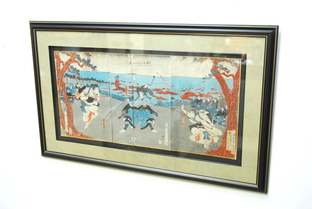 Colorful 19th century Japanese woodblock print by Yoshikado. Triptych Ukiyo-e style print depicting two sisters avenging the murder of their father in 1335. The style suggests that he was a follower of Kuniyoshi. Signature and seals on print mounted