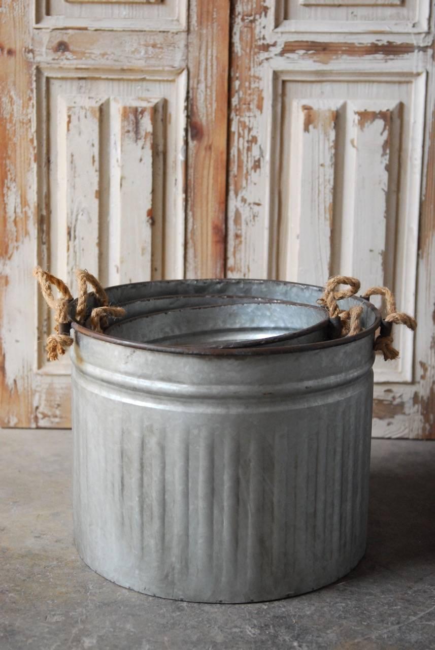 Rustic Set of Three Zinc Metal Tub Planters