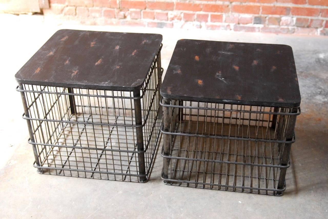 Asian Pair of Metal Industrial Style Shipping Bin Side Tables