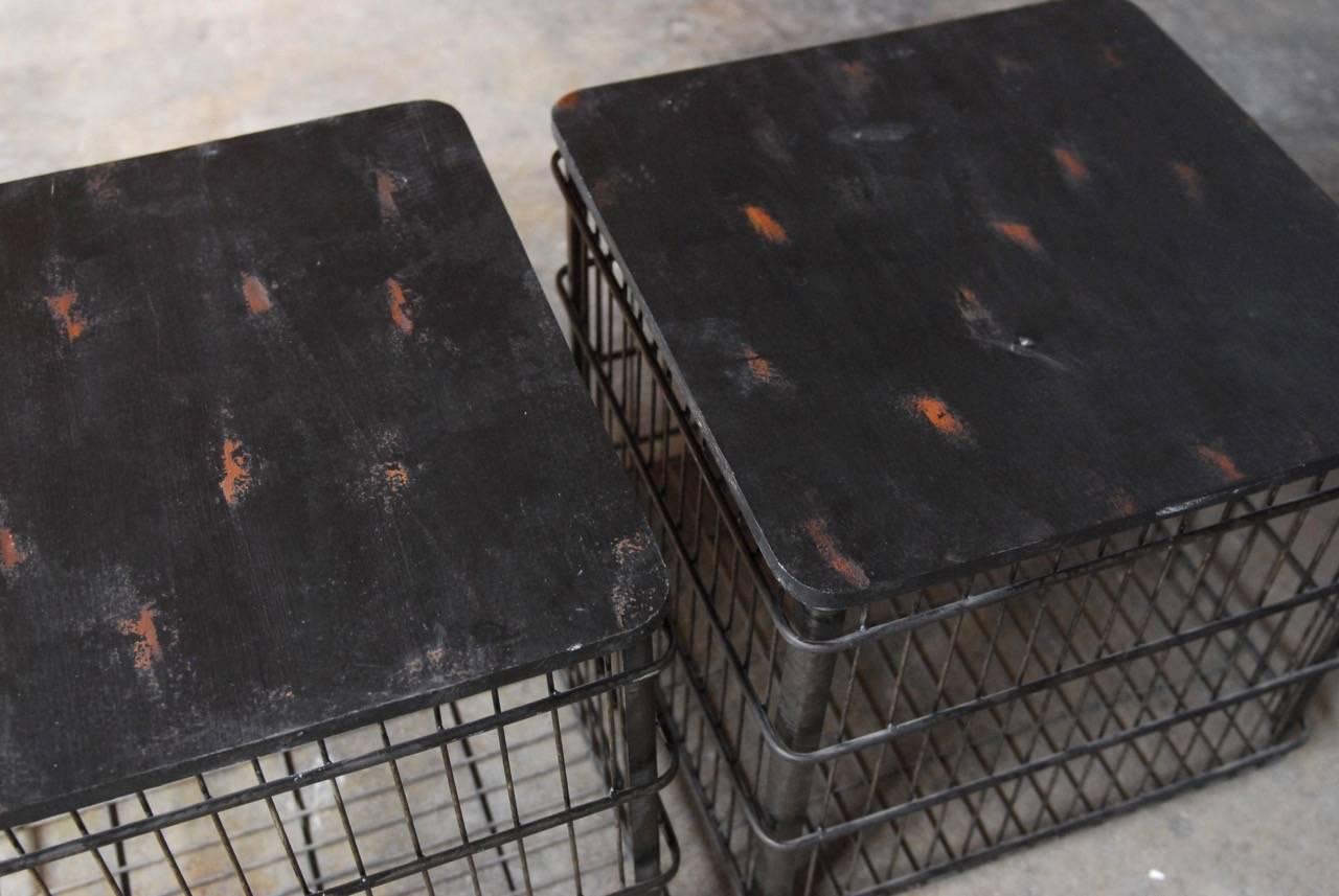 Pair of Metal Industrial Style Shipping Bin Side Tables In Excellent Condition In Rio Vista, CA