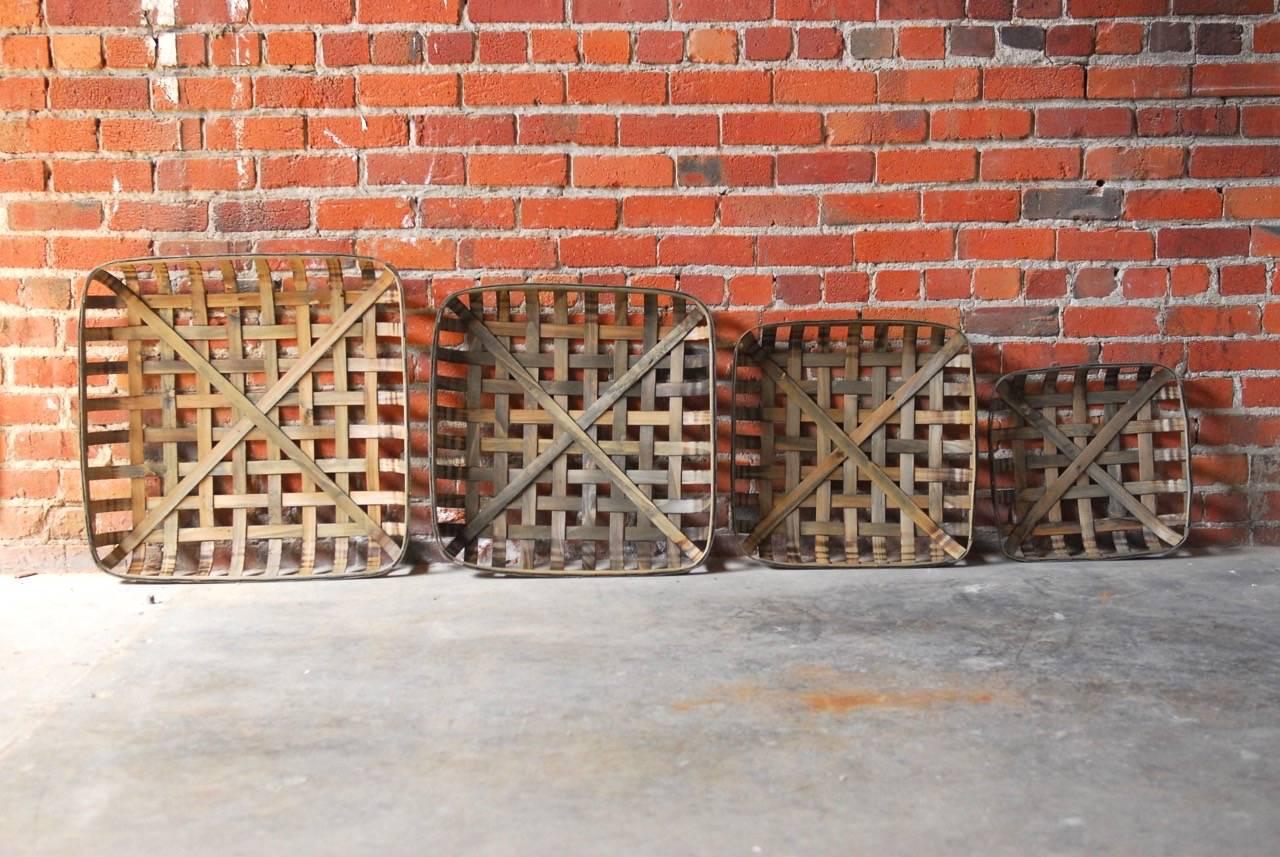 Rustic Set of Four Wooden Tobacco Weave Square Baskets