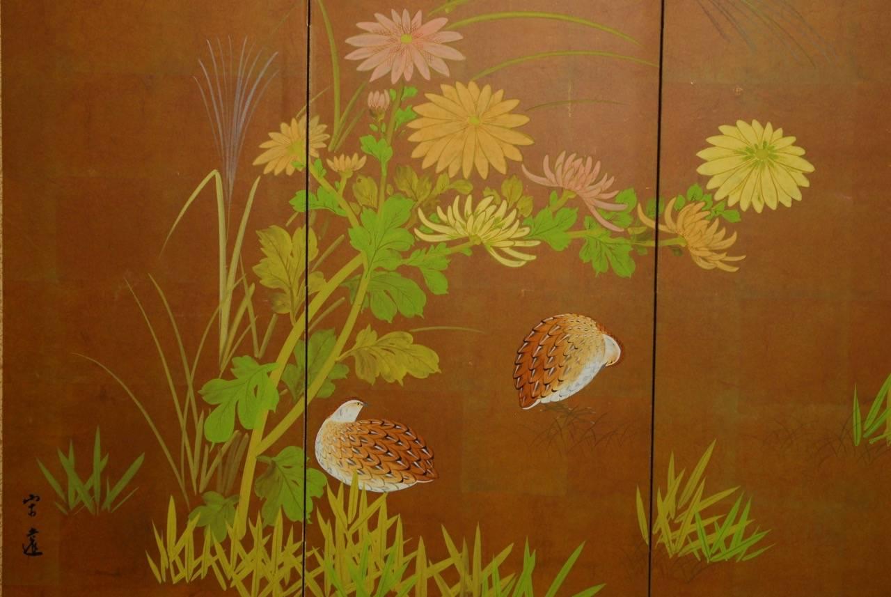 Meiji Japanese Four-Panel Byobu Screen of Quail and Flowers