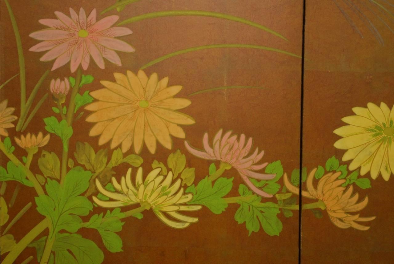 Gilt Japanese Four-Panel Byobu Screen of Quail and Flowers