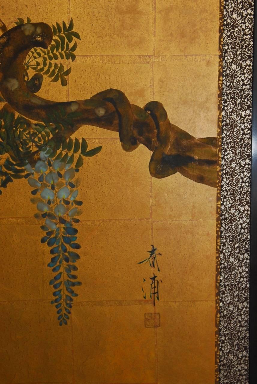 Ebonized Japanese Four Panel Byobu Screen Wisteria on Gold Leaf