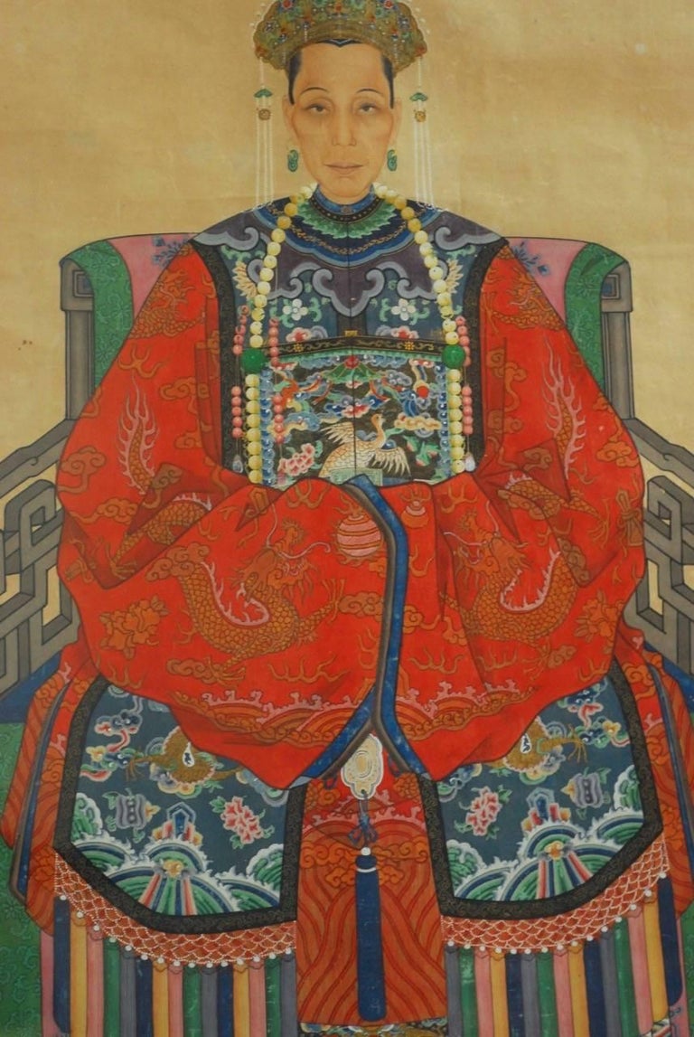Monumental Chinese Ancestral Matriarch Scroll Portrait Painting In Good Condition For Sale In Rio Vista, CA