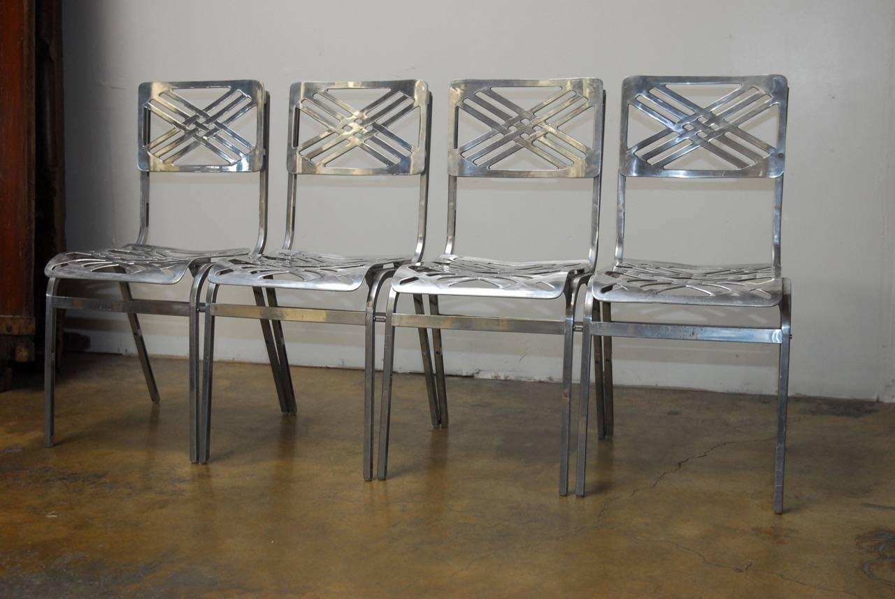 Set of four chic French aluminum dining chairs made by 