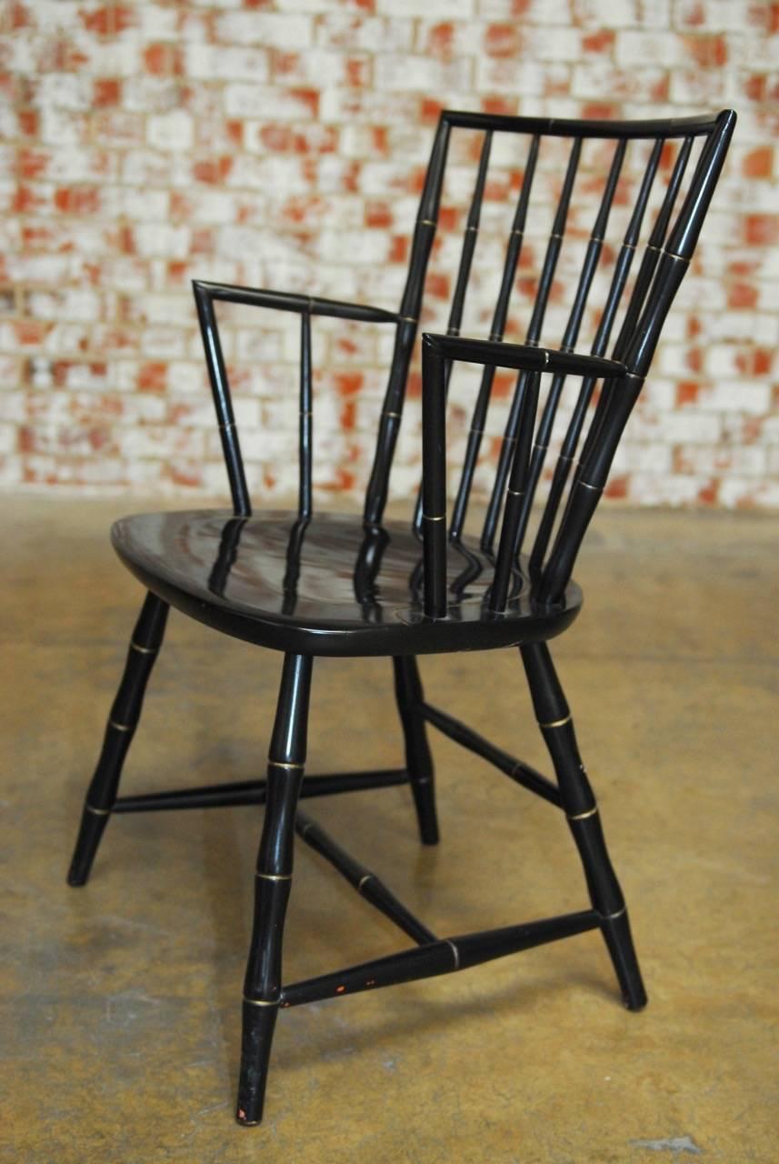 American Pair of Black Lacquer Faux Bamboo Windsor Chairs by Nichols and Stone