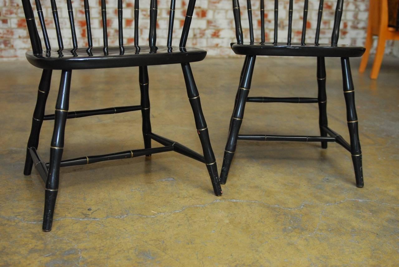Hardwood Pair of Black Lacquer Faux Bamboo Windsor Chairs by Nichols and Stone
