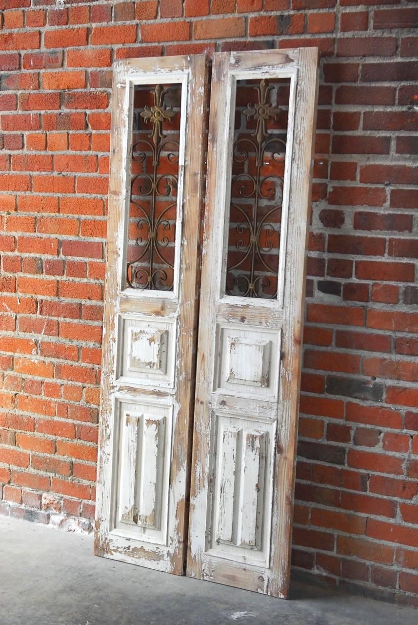 Rustic Pair of Pine Window Shutters with Scrolled Ironwork