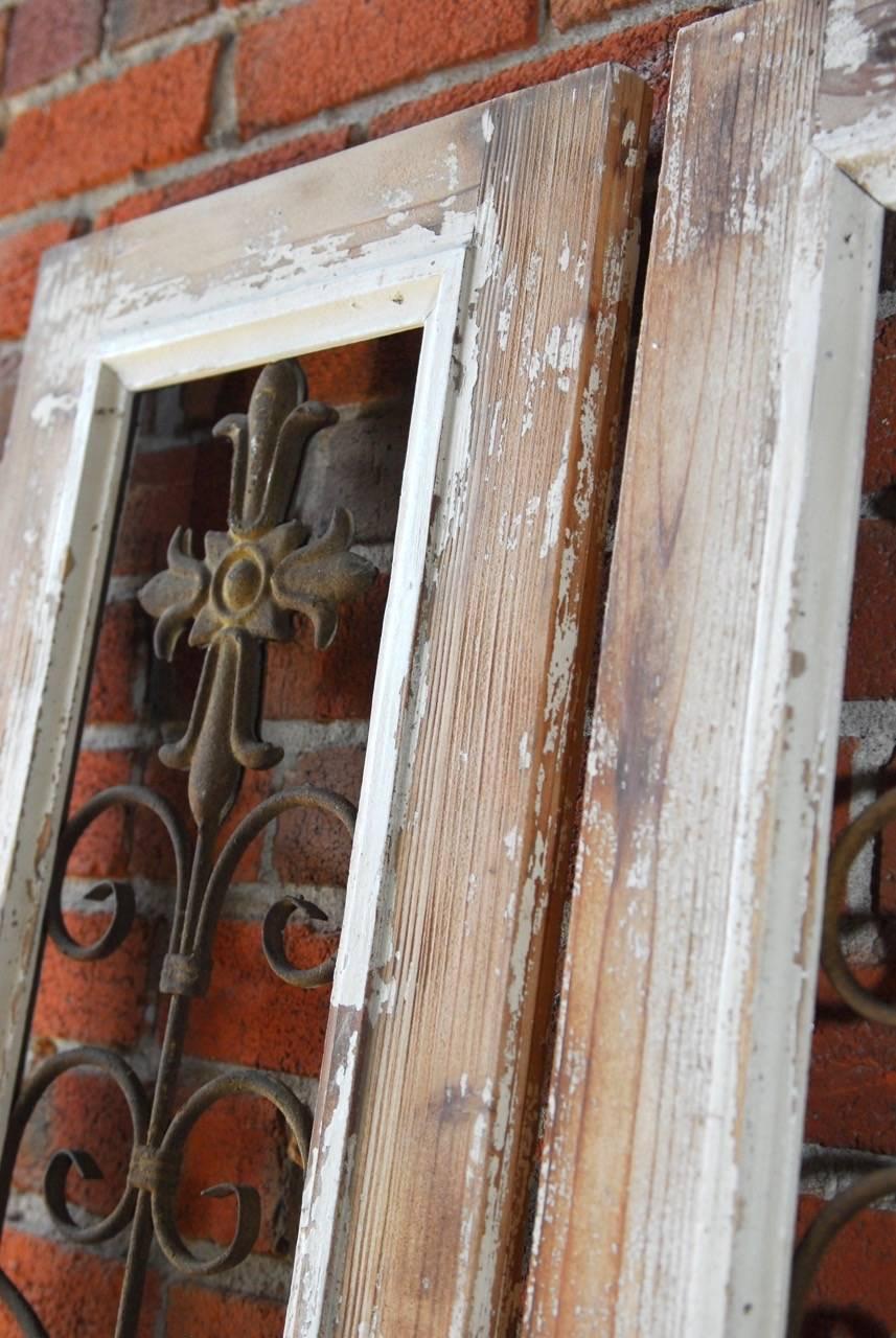 European Pair of Pine Window Shutters with Scrolled Ironwork