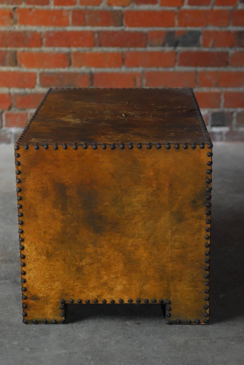 Rustic Diminutive Leather Clad Tabletop Chest of Drawers or Trunk