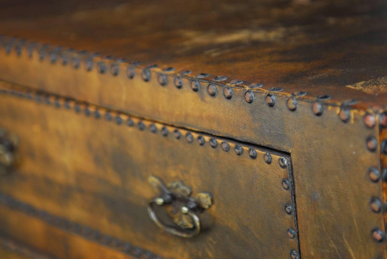 American Diminutive Leather Clad Tabletop Chest of Drawers or Trunk
