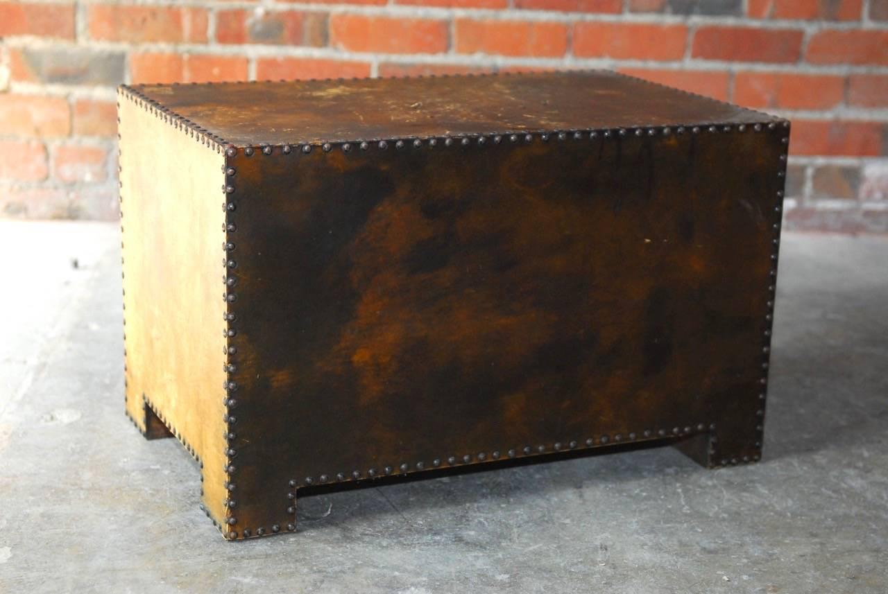 Diminutive Leather Clad Tabletop Chest of Drawers or Trunk In Distressed Condition In Rio Vista, CA
