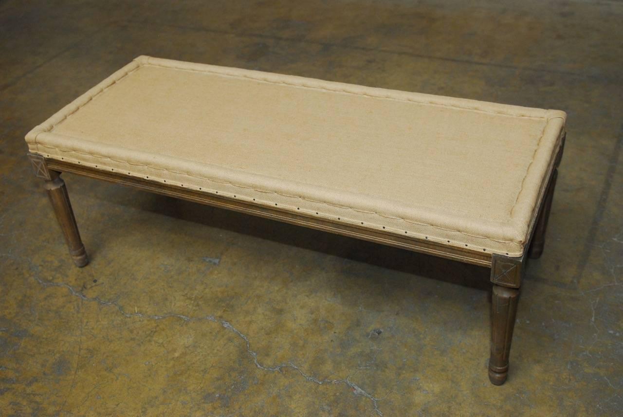 20th Century Louis XVI Style Oak Bench with Burlap and Linen Upholstery
