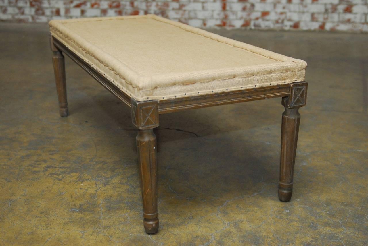 Louis XVI Style Oak Bench with Burlap and Linen Upholstery 1
