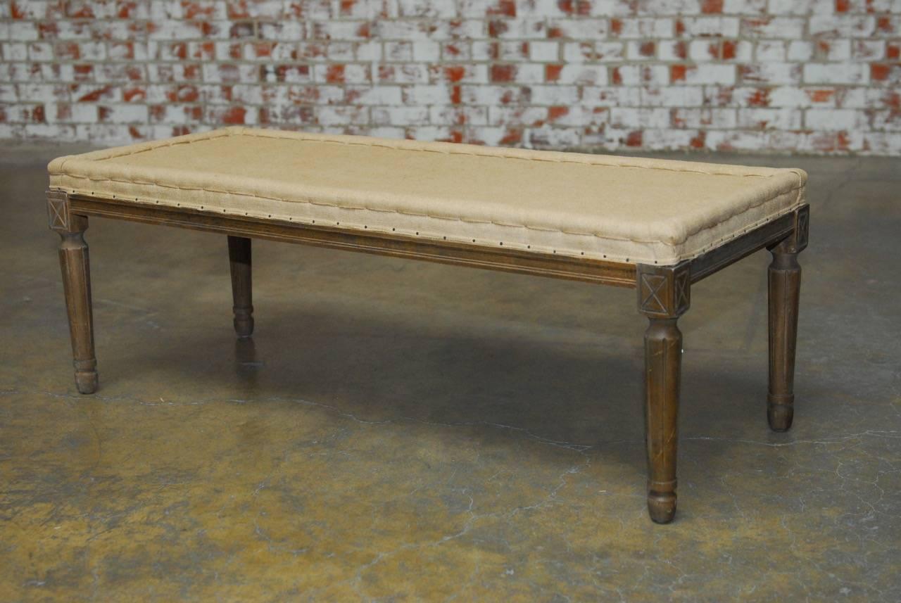 Louis XVI Style Oak Bench with Burlap and Linen Upholstery 2