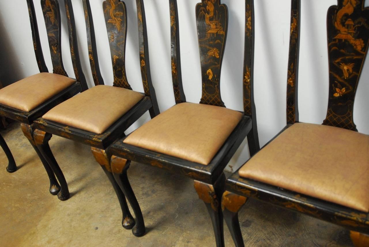 Ebonized Set of Six Queen Anne Style Chinoiserie Lacquer Dining Chairs