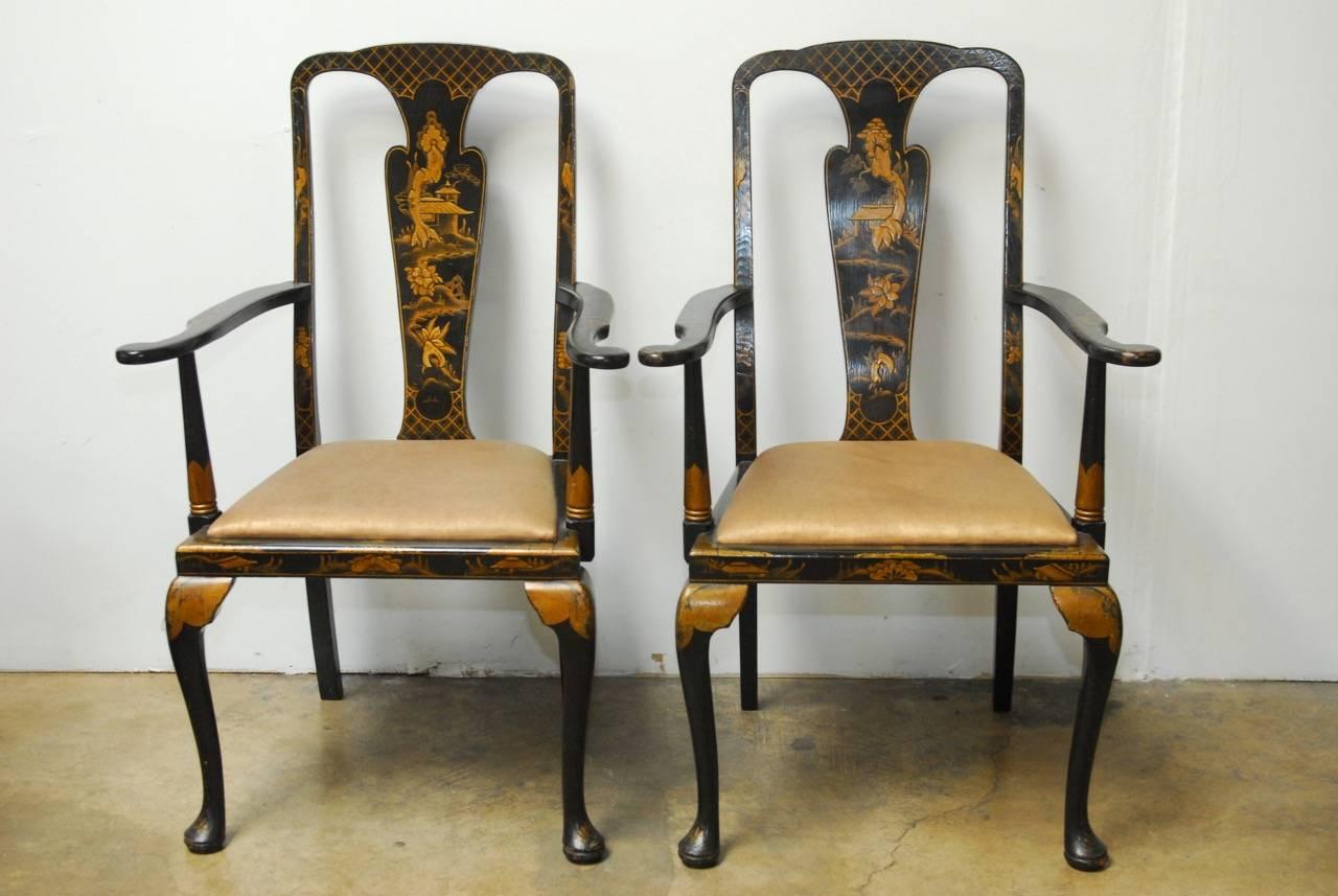 Fabric Set of Six Queen Anne Style Chinoiserie Lacquer Dining Chairs