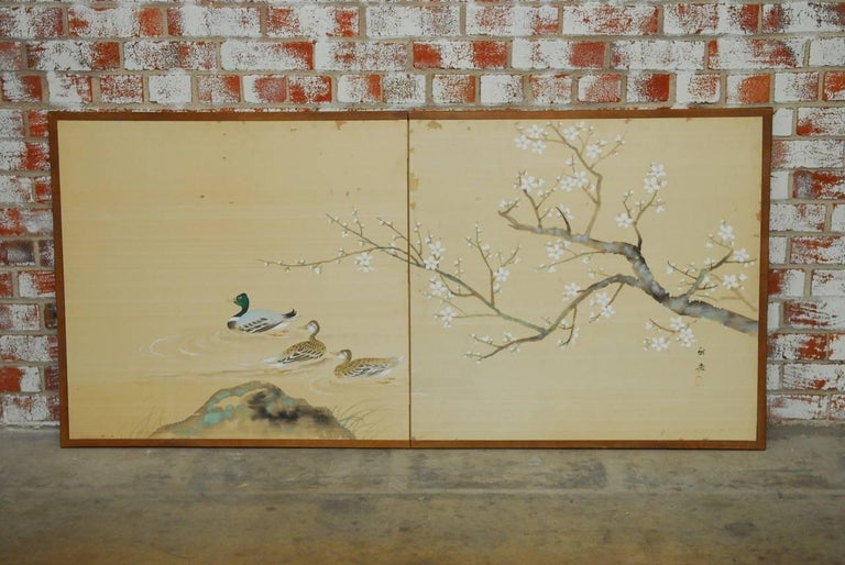 Japanese TwoSided Folding Byobu Silk Painted Screen For Sale at 1stdibs