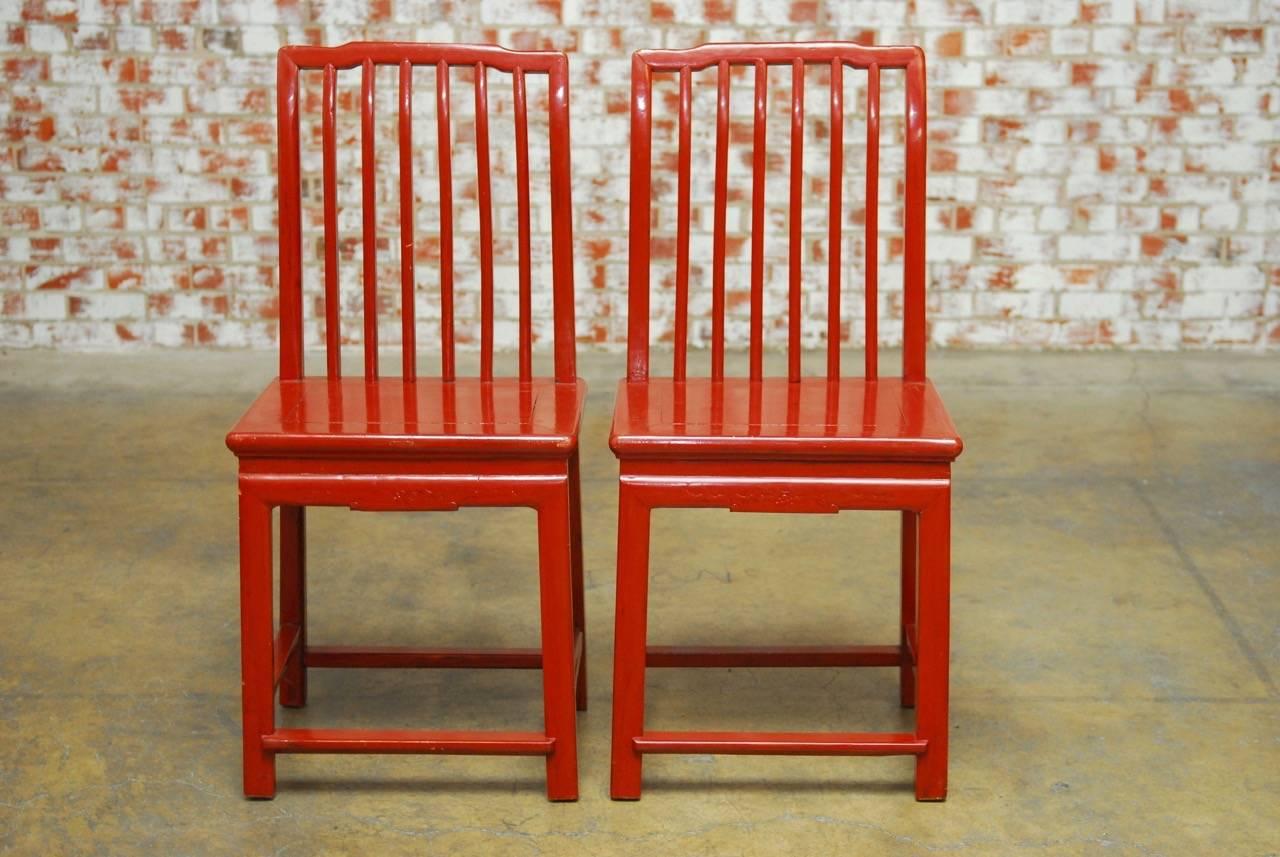 Hand-Carved Pair of Ming Style Chinese Red Lacquer Chairs