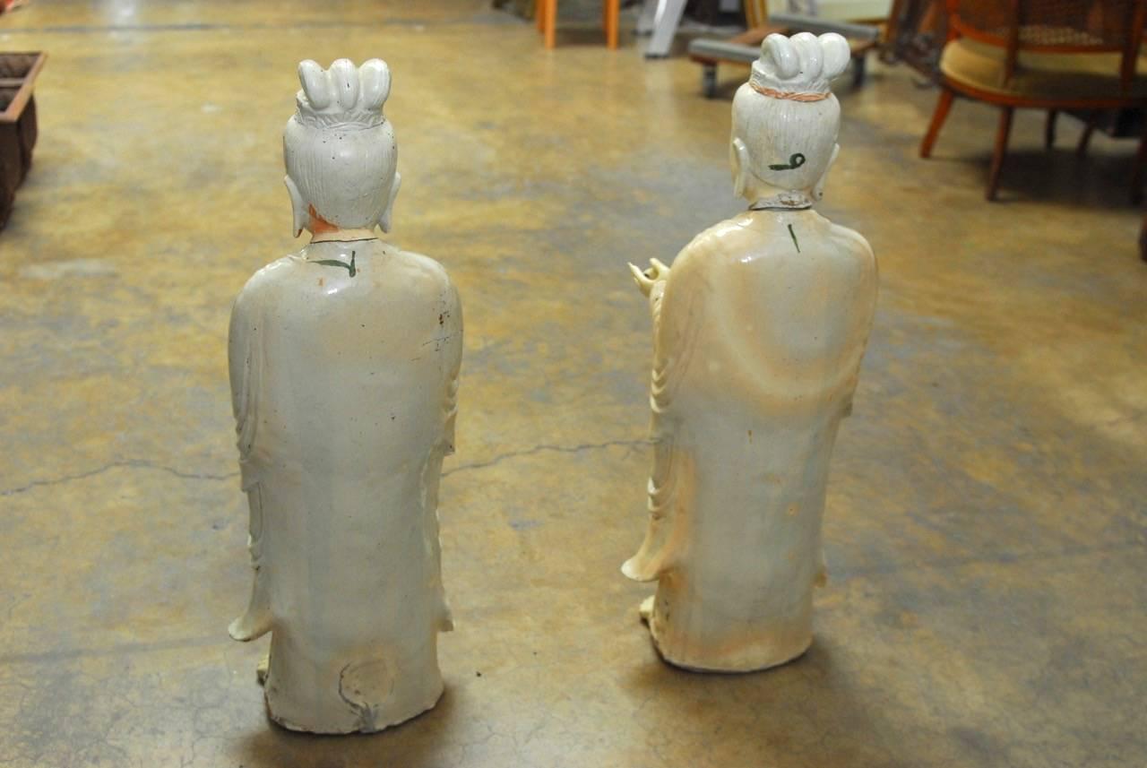 Hand-Crafted Pair of Chinese Glazed Ceramic Celestial Guanyin Deities  For Sale