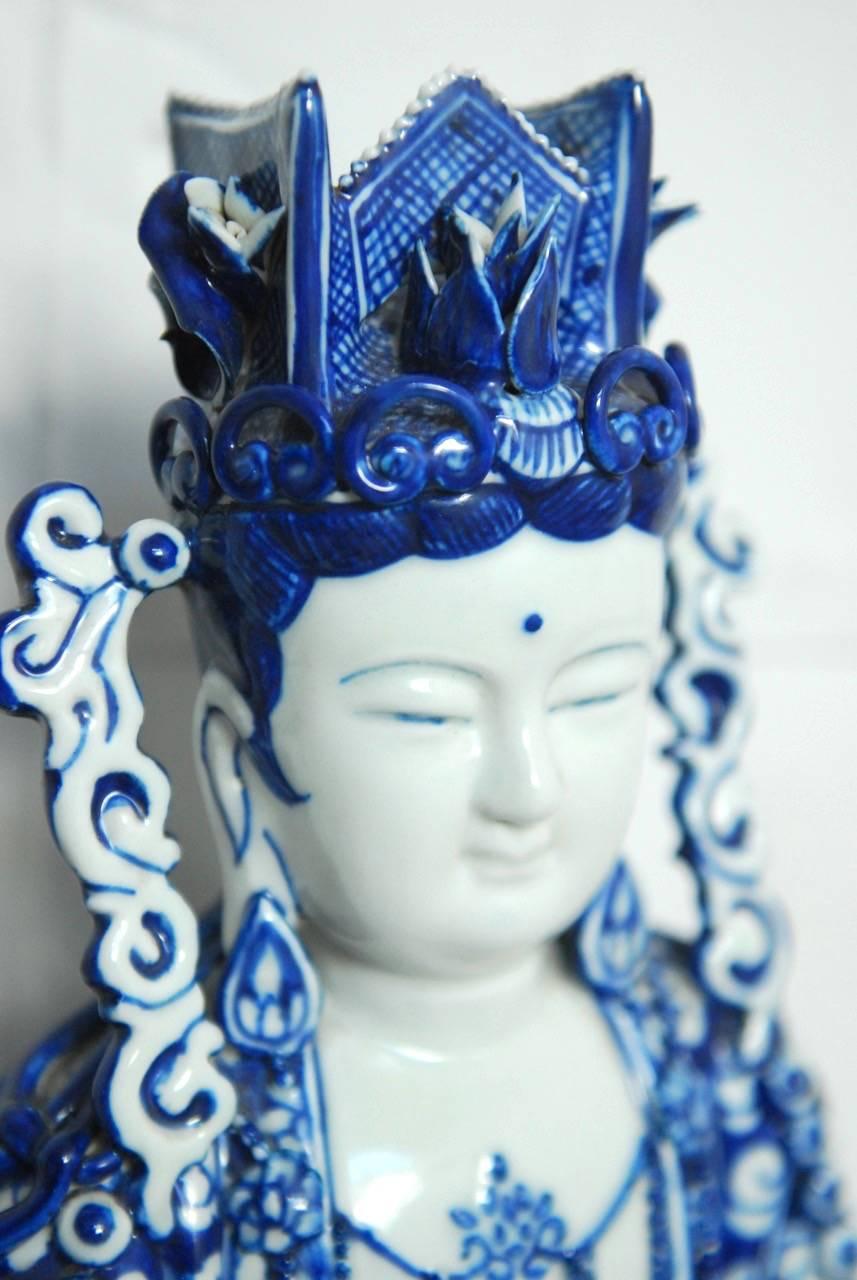 Hand-Crafted Chinese Blue and White Porcelain Guanyin from Fujian Provence