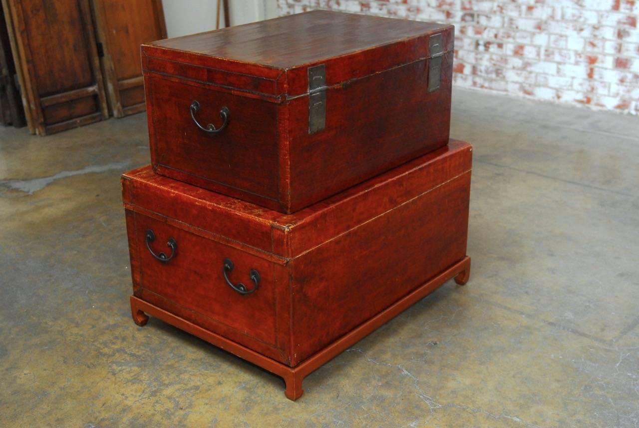 Pair of Chinese Lacquered Leather Covered Trunks on Stand 2