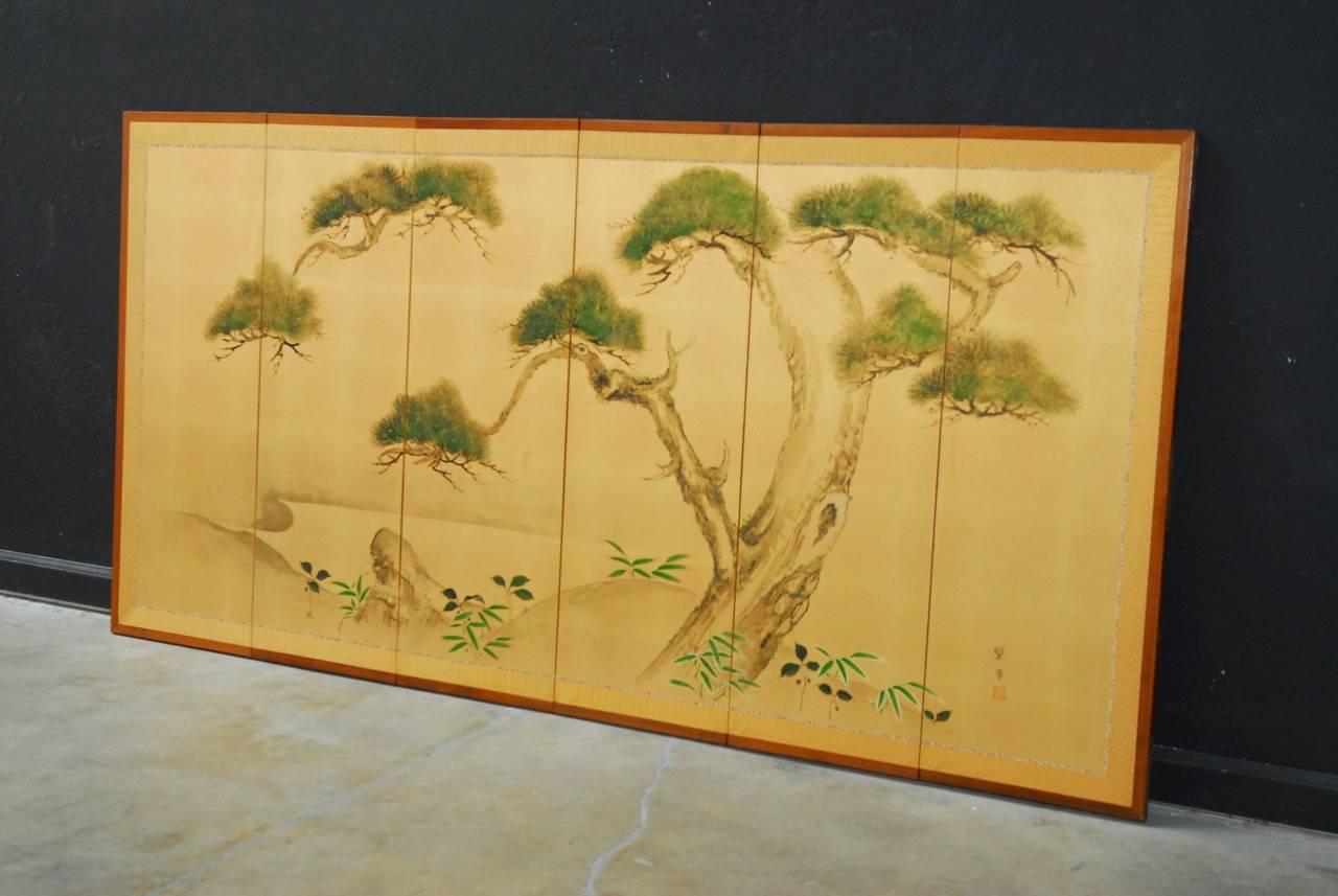 Japanese Six-Panel Byobu Screen of Pine Trees on Gold Leaf In Excellent Condition In Rio Vista, CA