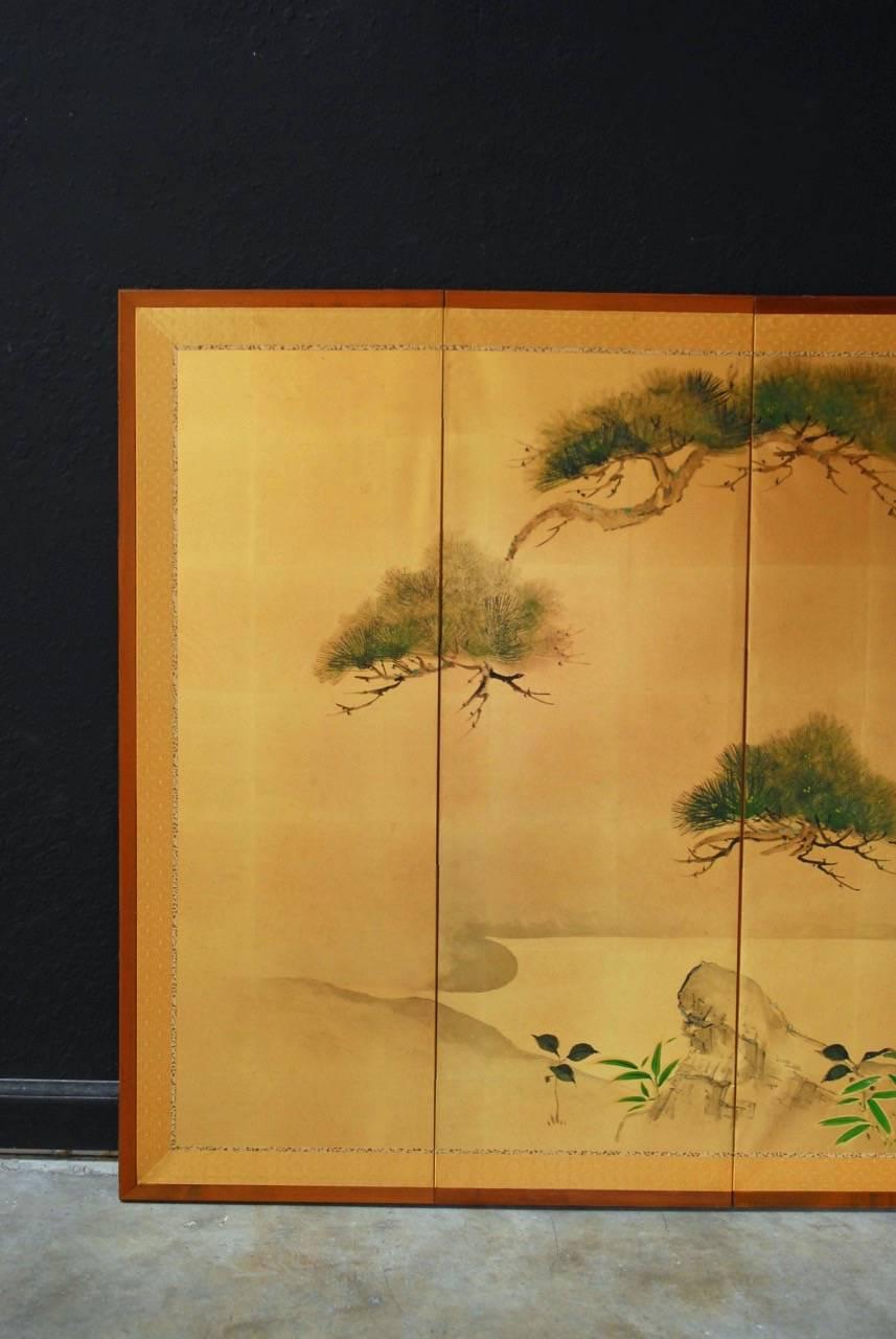 Edo Japanese Six-Panel Byobu Screen of Pine Trees on Gold Leaf