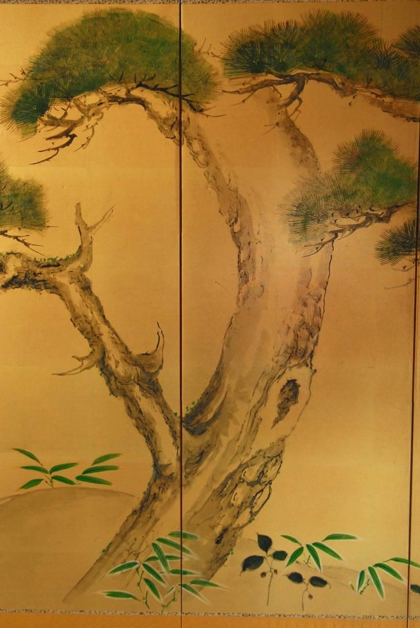 20th Century Japanese Six-Panel Byobu Screen of Pine Trees on Gold Leaf