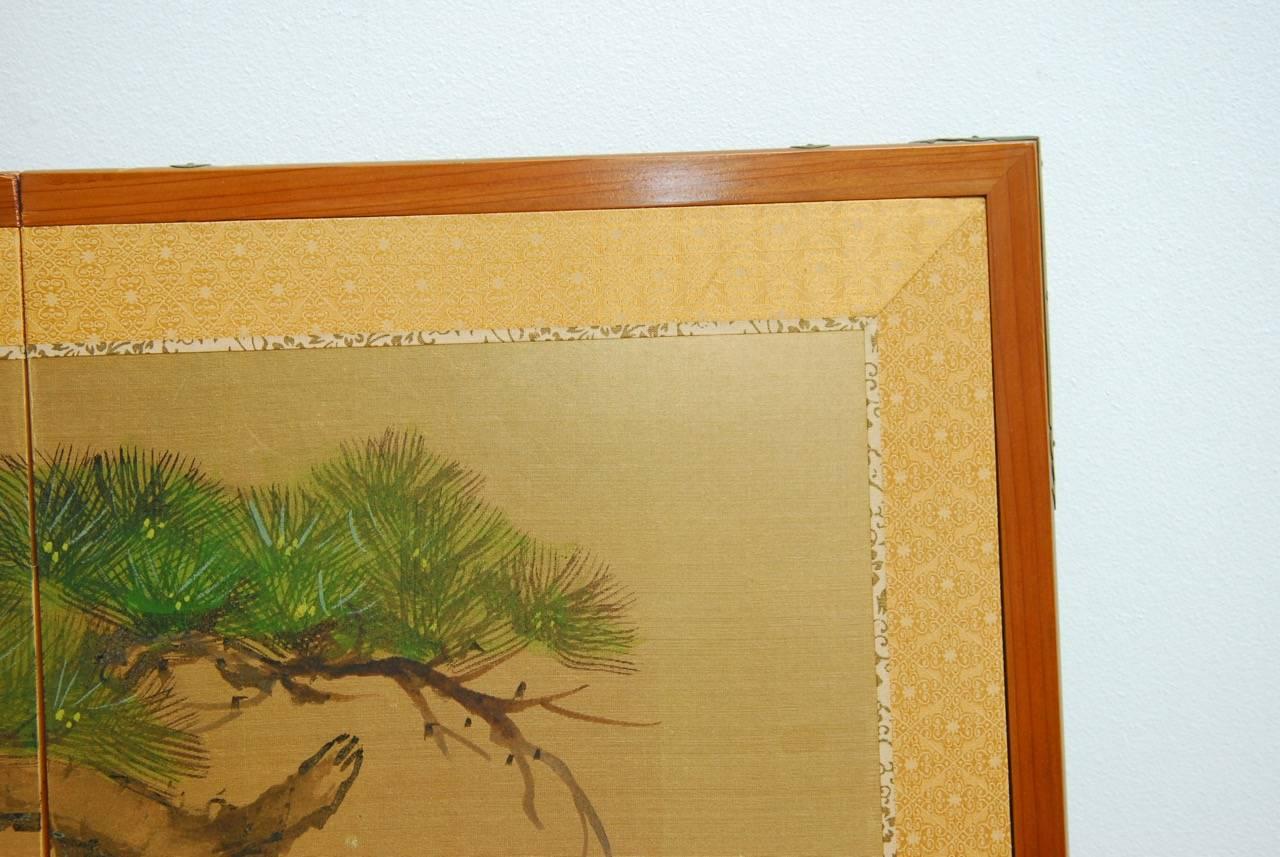 Brass Japanese Six-Panel Byobu Screen of Pine Trees on Gold Leaf
