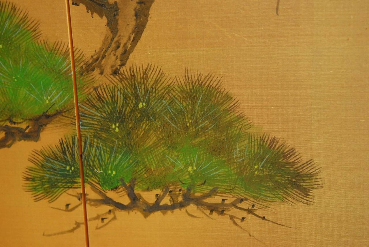 Hand-Painted Japanese Six-Panel Byobu Screen of Pine Trees on Gold Leaf