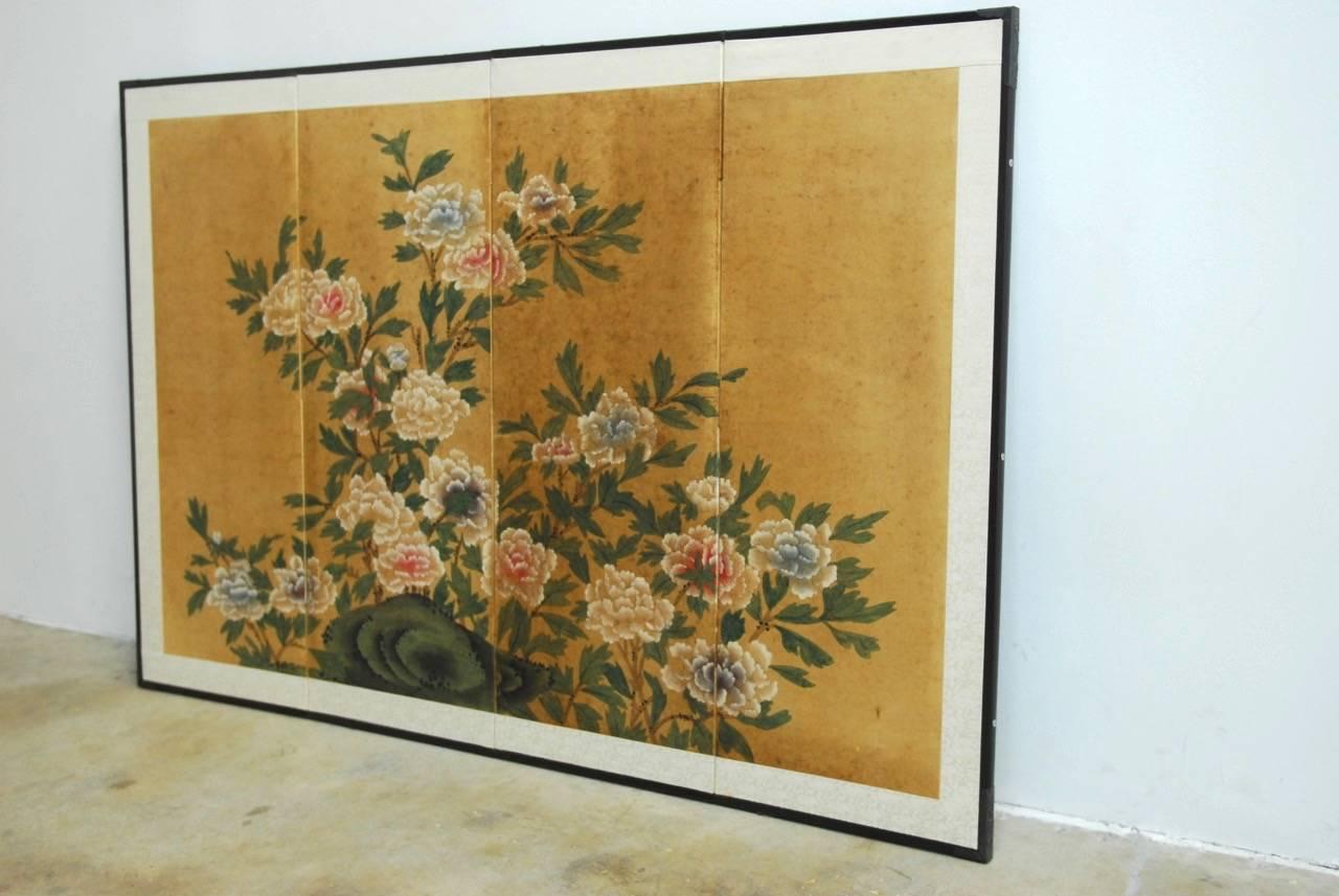20th Century Japanese Four-Panel Floral and Foliate Byobu Screen