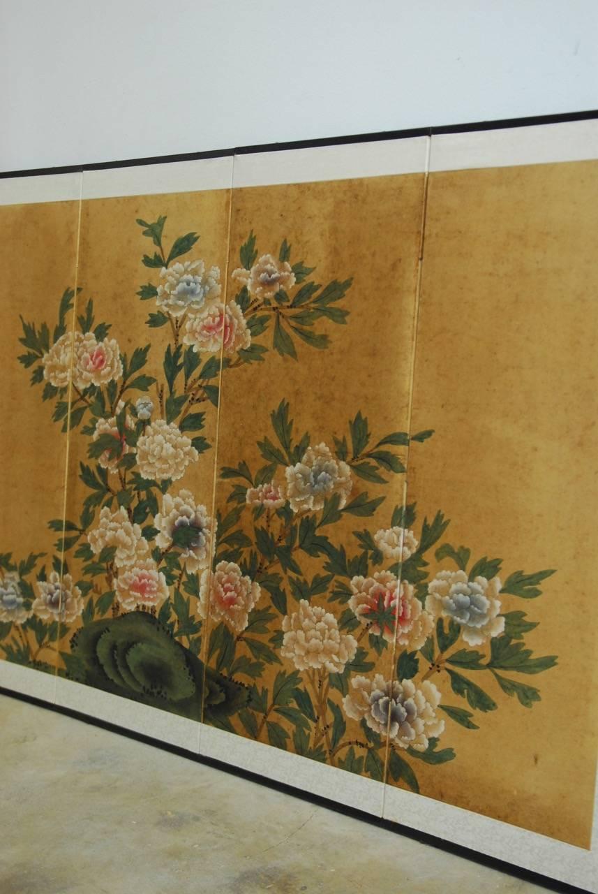 Fabric Japanese Four-Panel Floral and Foliate Byobu Screen