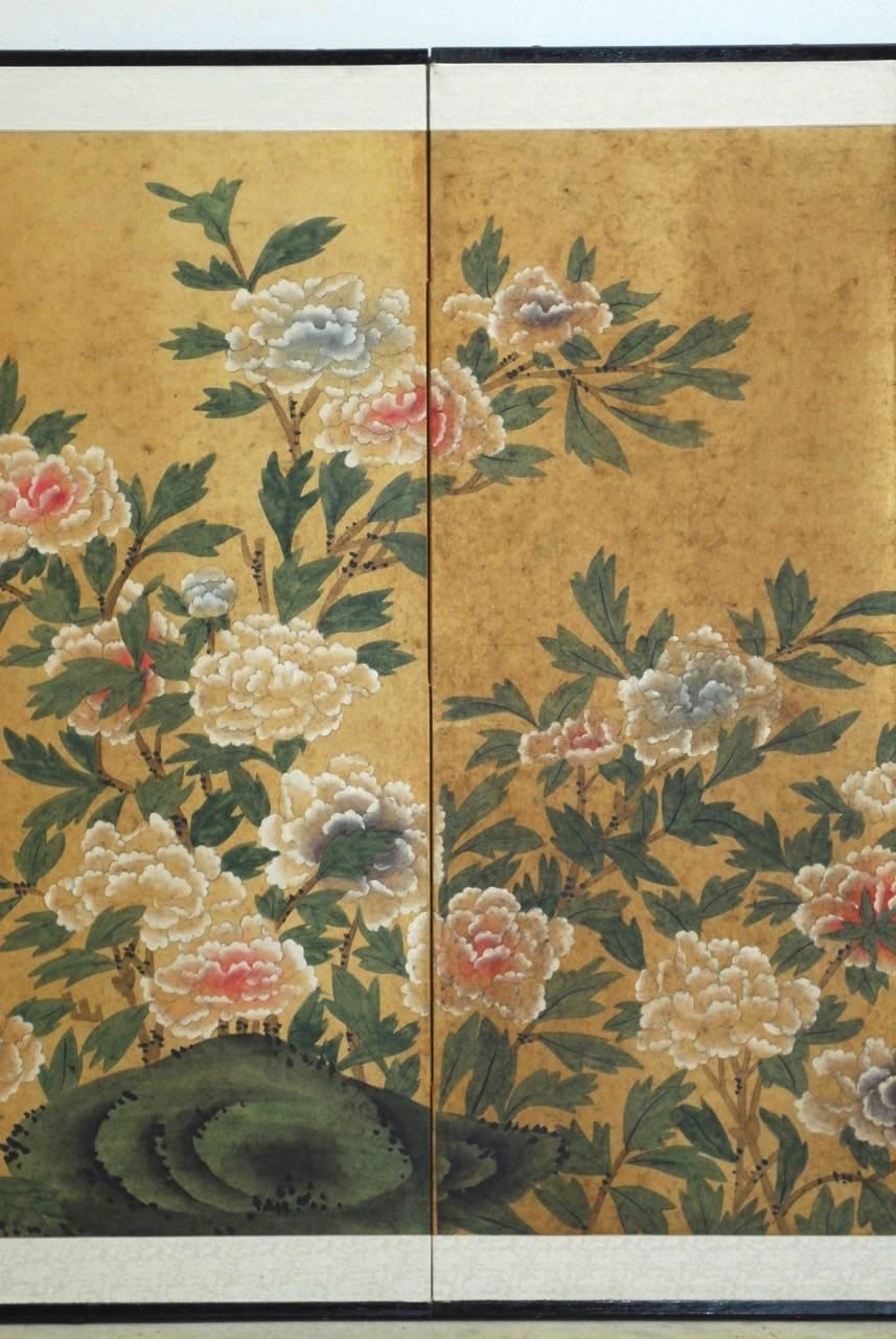 Hand-Painted Japanese Four-Panel Floral and Foliate Byobu Screen
