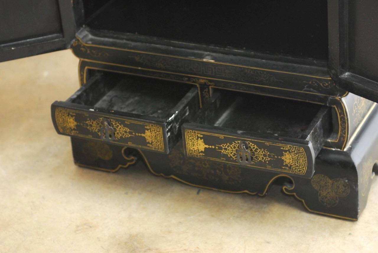 Brass Chinese Black Lacquer Soapstone Scholar's Cabinet
