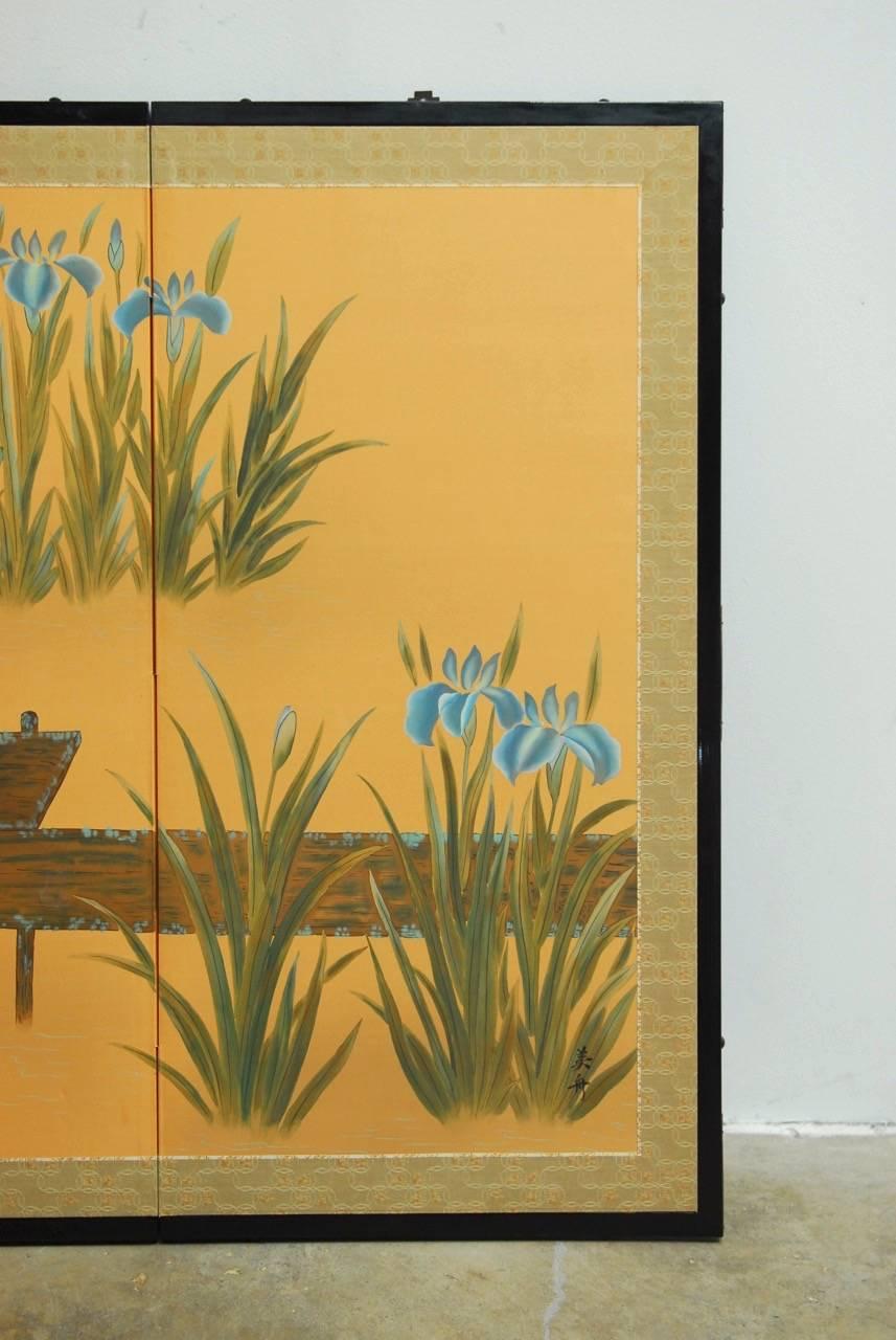 20th Century Japanese Four-Panel Folding Byobu Screen of Iris Pond